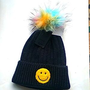 Knit Ribbed Smiley Face Winter Hat in Black with pastel pom pom